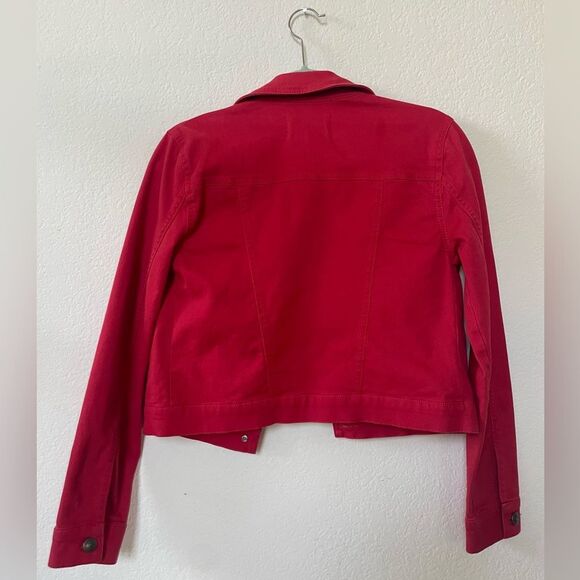 Short Cropped Denim Trucker Jean Jacket, Red, Birds, size XXS - Picture 6 of 12